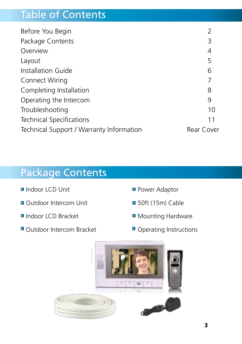 Table of contents package contents | Swann INTERCOM DB-815 User Manual | Page 3 / 12