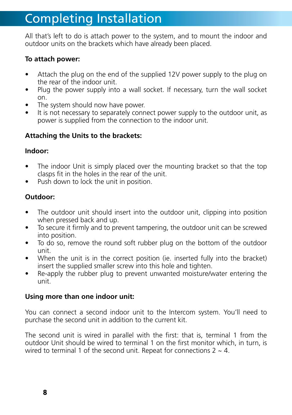 Completing installation | Swann INTERCOM DB-815 User Manual | Page 8 / 12