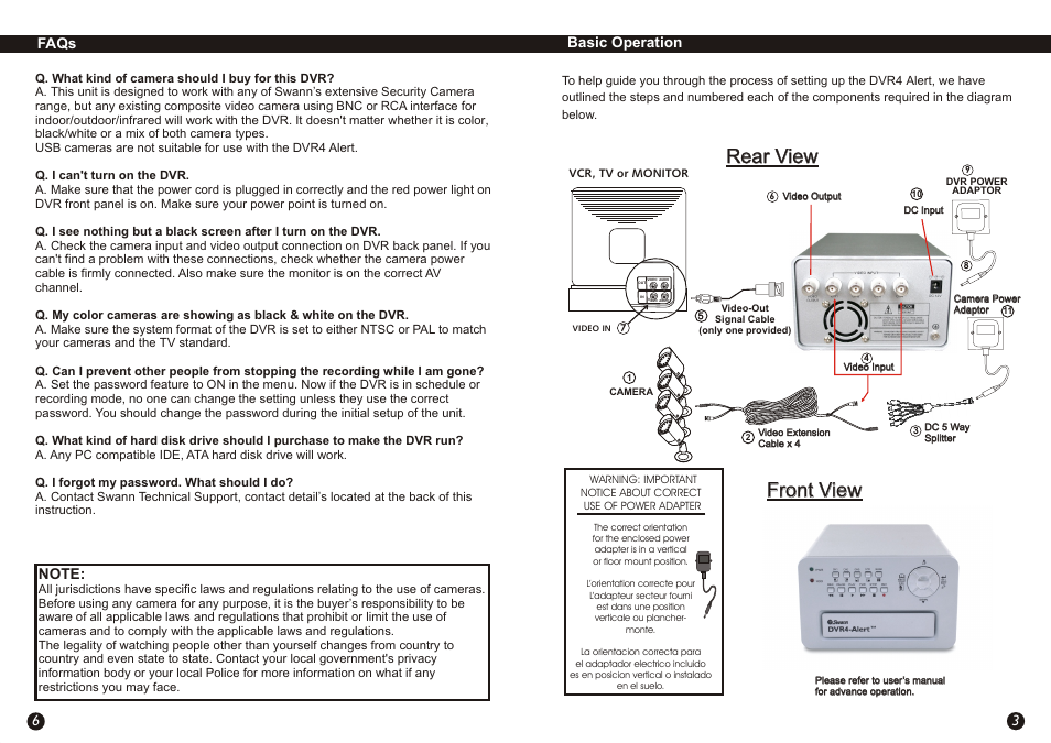 Rear view, Rear view front view front view, Using your dvr | Using your dvr 3 6 faqs basic operation | Swann Alert DVR Camera Kit User Manual | Page 3 / 4