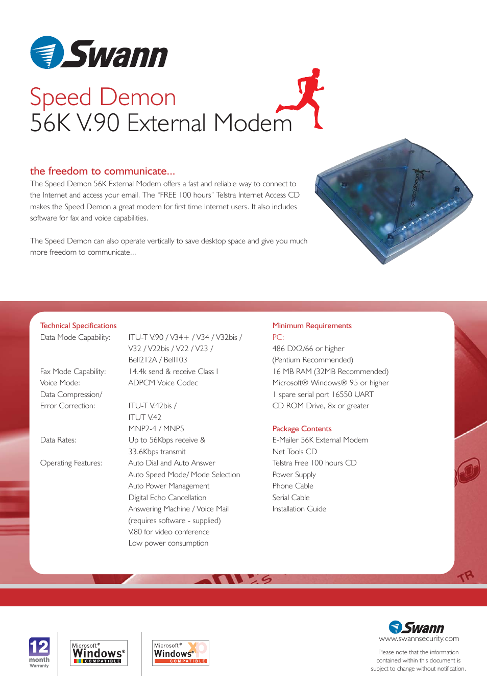 Speed demon 56k v.90 external modem, The freedom to communicate | Swann SW-M-SDE User Manual | Page 2 / 2