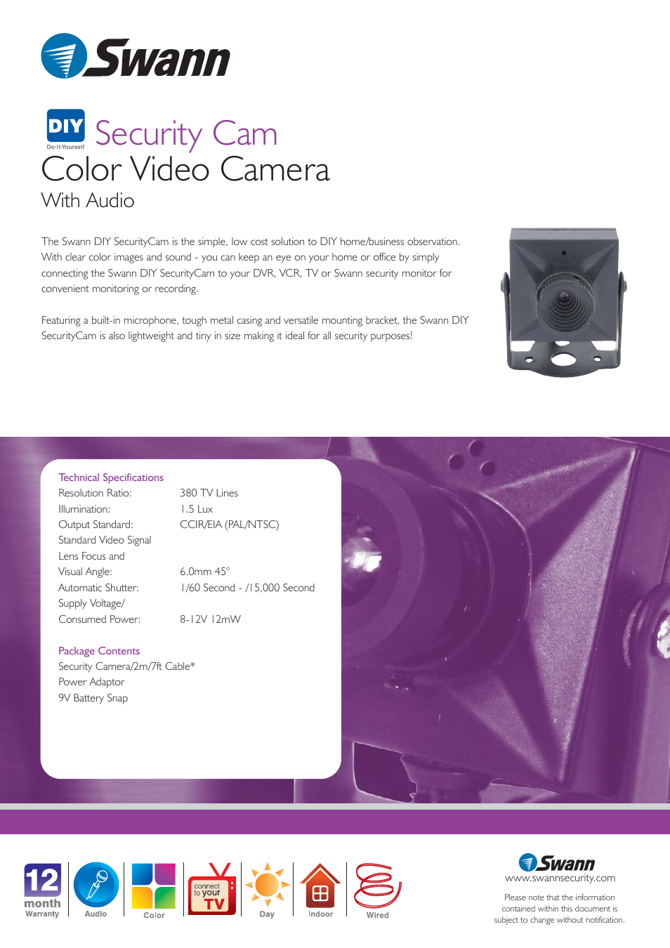 Security cam color video camera, With audio | Swann Security Cam Color Video Camera User Manual | Page 2 / 2