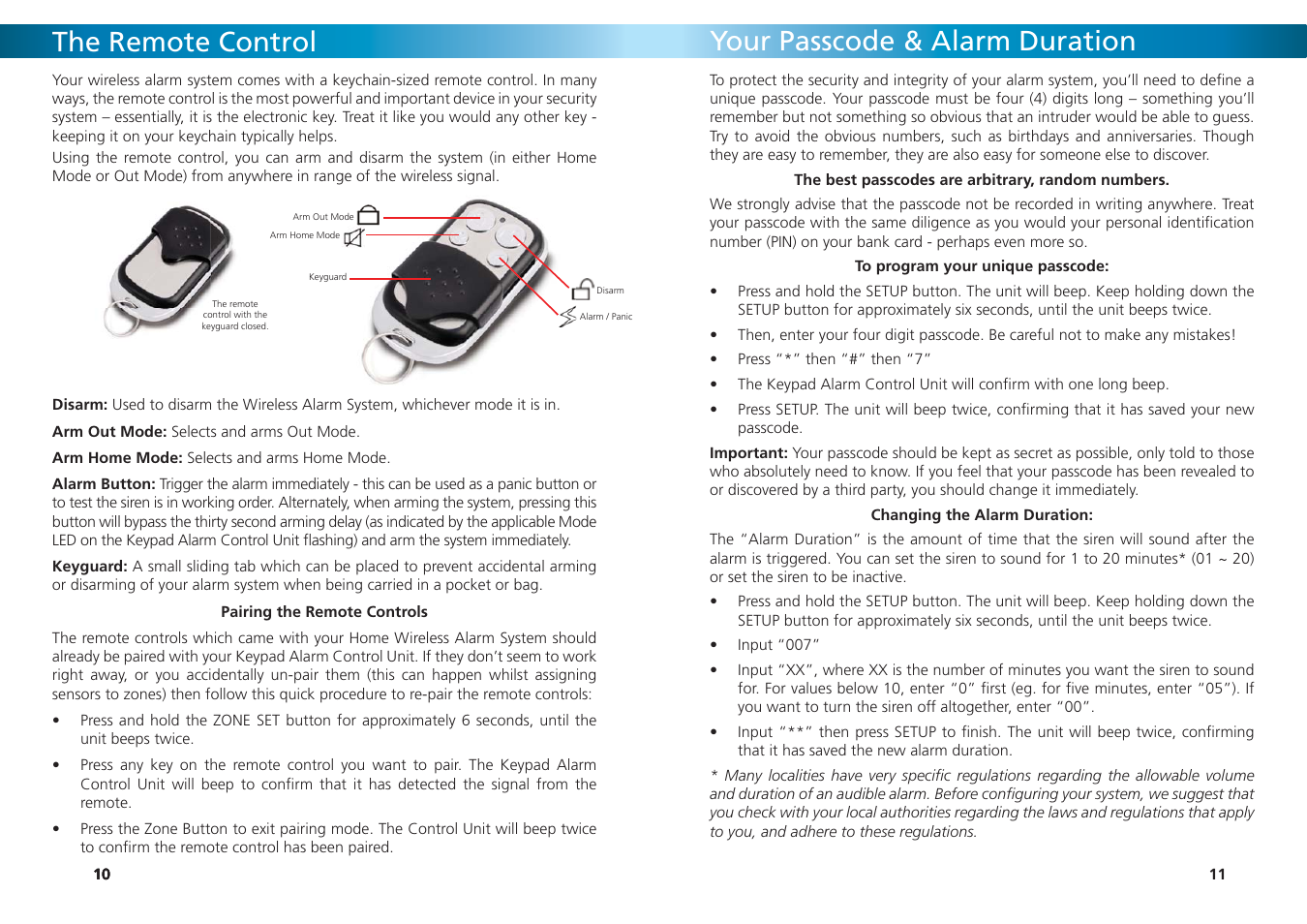 The remote control, Your passcode & alarm duration | Swann SW347-WA2 User Manual | Page 11 / 20