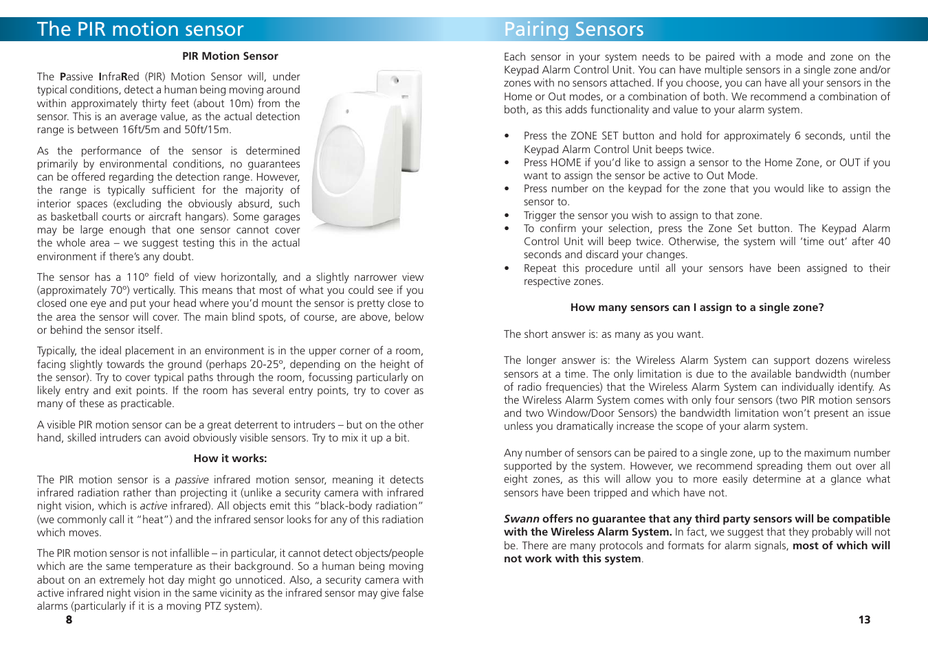 The pir motion sensor, Pairing sensors | Swann SW347-WA2 User Manual | Page 13 / 20