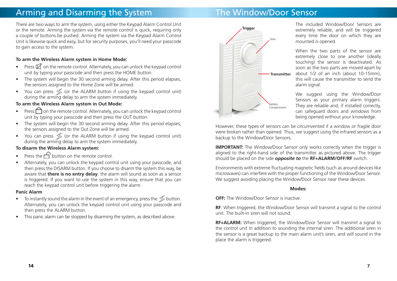 Arming and disarming the system, The window/door sensor | Swann SW347-WA2 User Manual | Page 14 / 20
