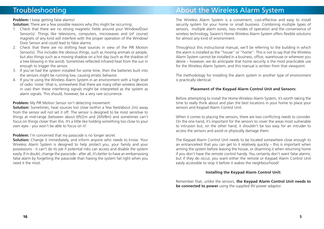 Troubleshooting, About the wireless alarm system | Swann SW347-WA2 User Manual | Page 16 / 20