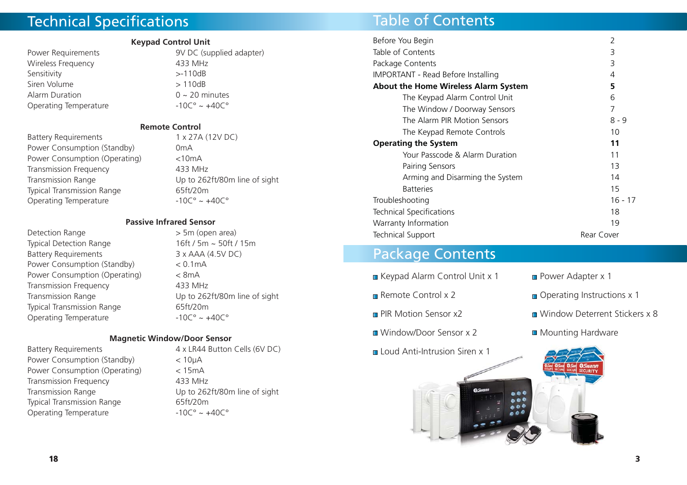 Technical specifi cations, Table of contents package contents | Swann SW347-WA2 User Manual | Page 18 / 20