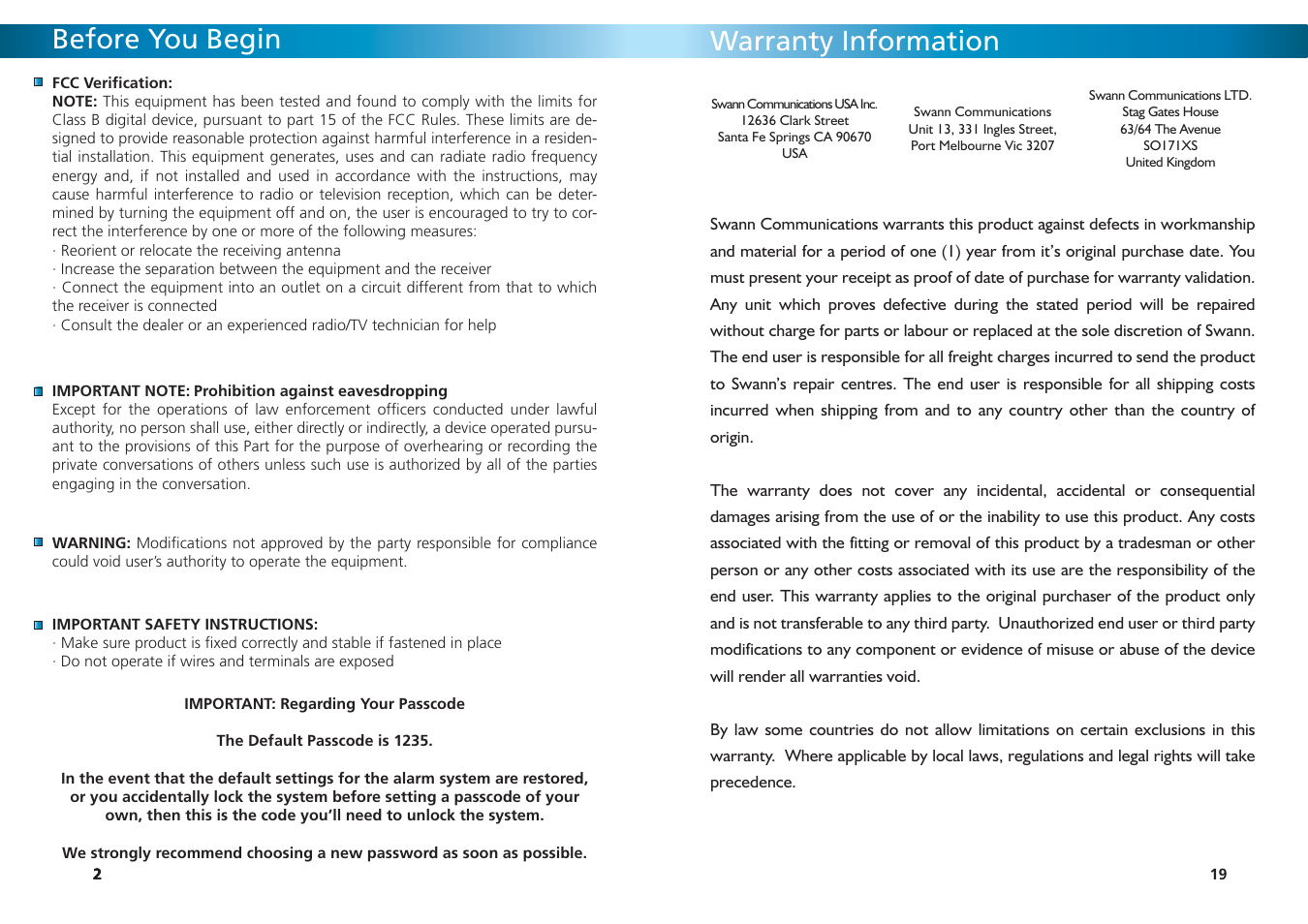 Before you begin, Warranty information | Swann SW347-WA2 User Manual | Page 19 / 20