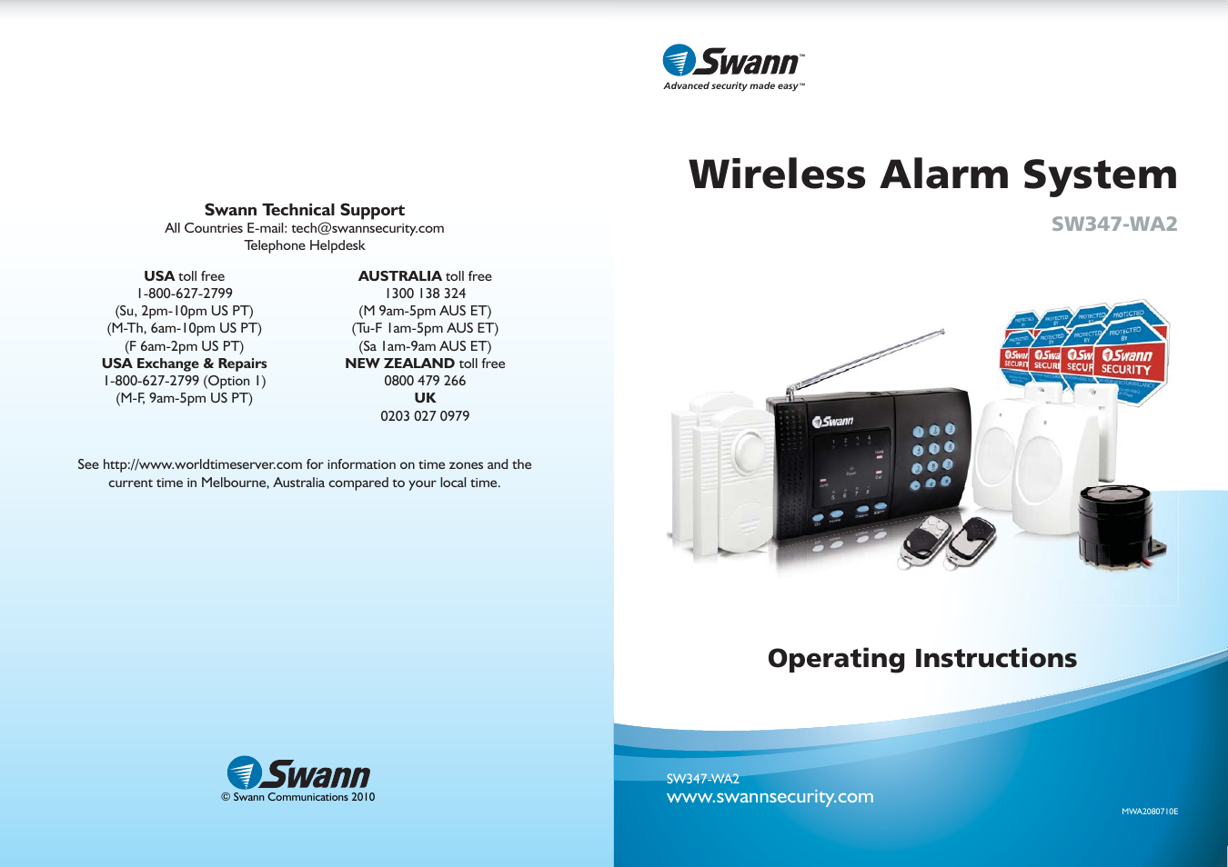 Wireless alarm system, Operating instructions, Sw347-wa2 | Swann SW347-WA2 User Manual | Page 20 / 20