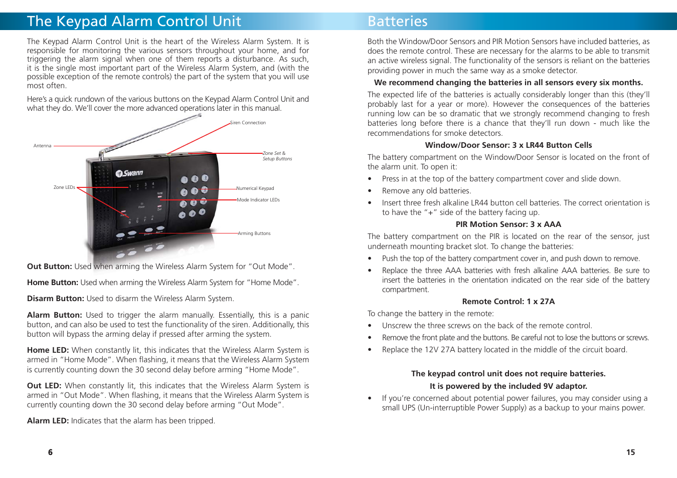 The keypad alarm control unit, Batteries | Swann SW347-WA2 User Manual | Page 6 / 20