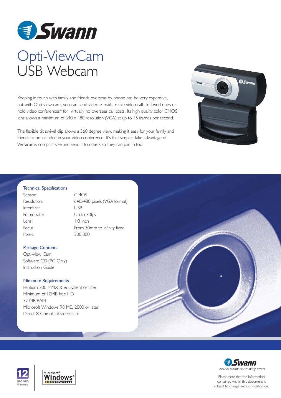 Opti-viewcam usb webcam | Swann SW-U-VCM User Manual | Page 2 / 2
