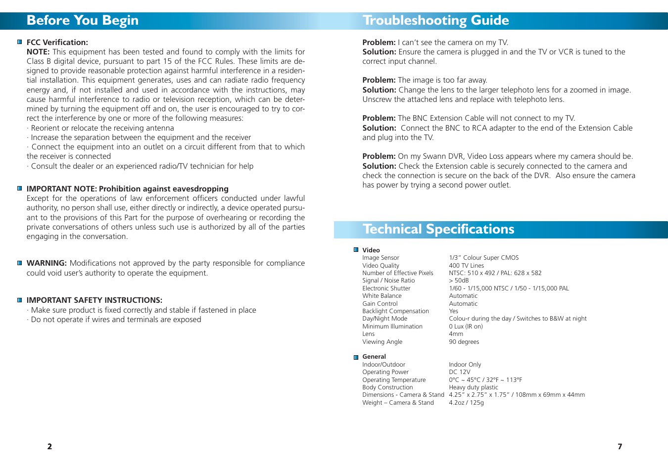 Before you begin, Troubleshooting guide technical specifications | Swann PNP-50 User Manual | Page 2 / 4