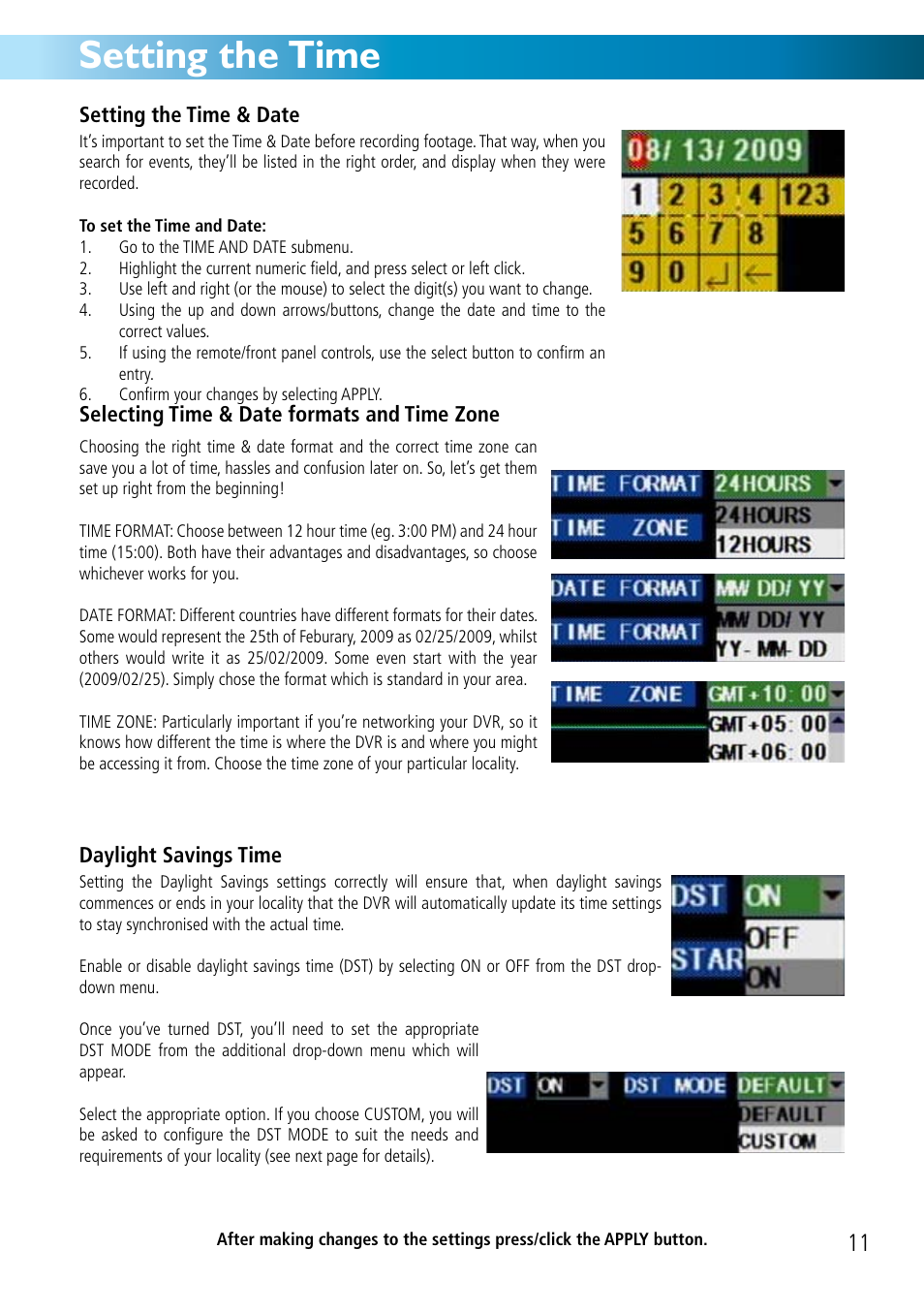 Setting the time | Swann DVR8-2500 User Manual | Page 11 / 44