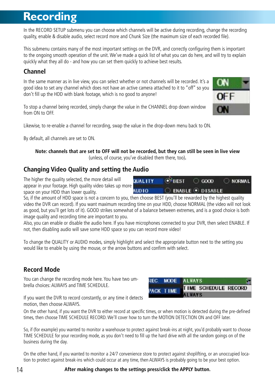 Recording | Swann DVR8-2500 User Manual | Page 14 / 44