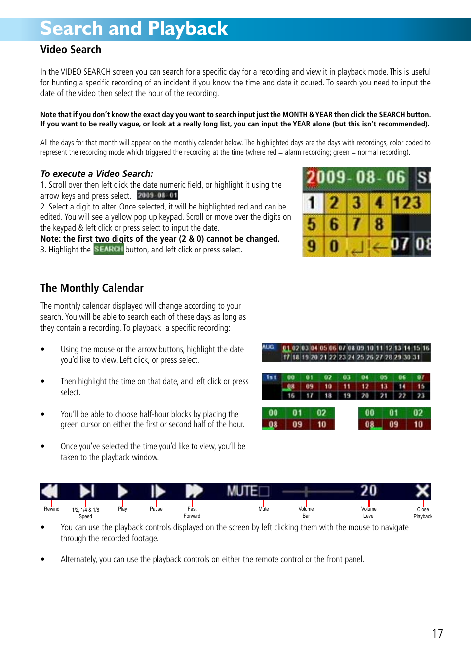 Record (continued), Search and playback, The monthly calendar | Video search | Swann DVR8-2500 User Manual | Page 17 / 44