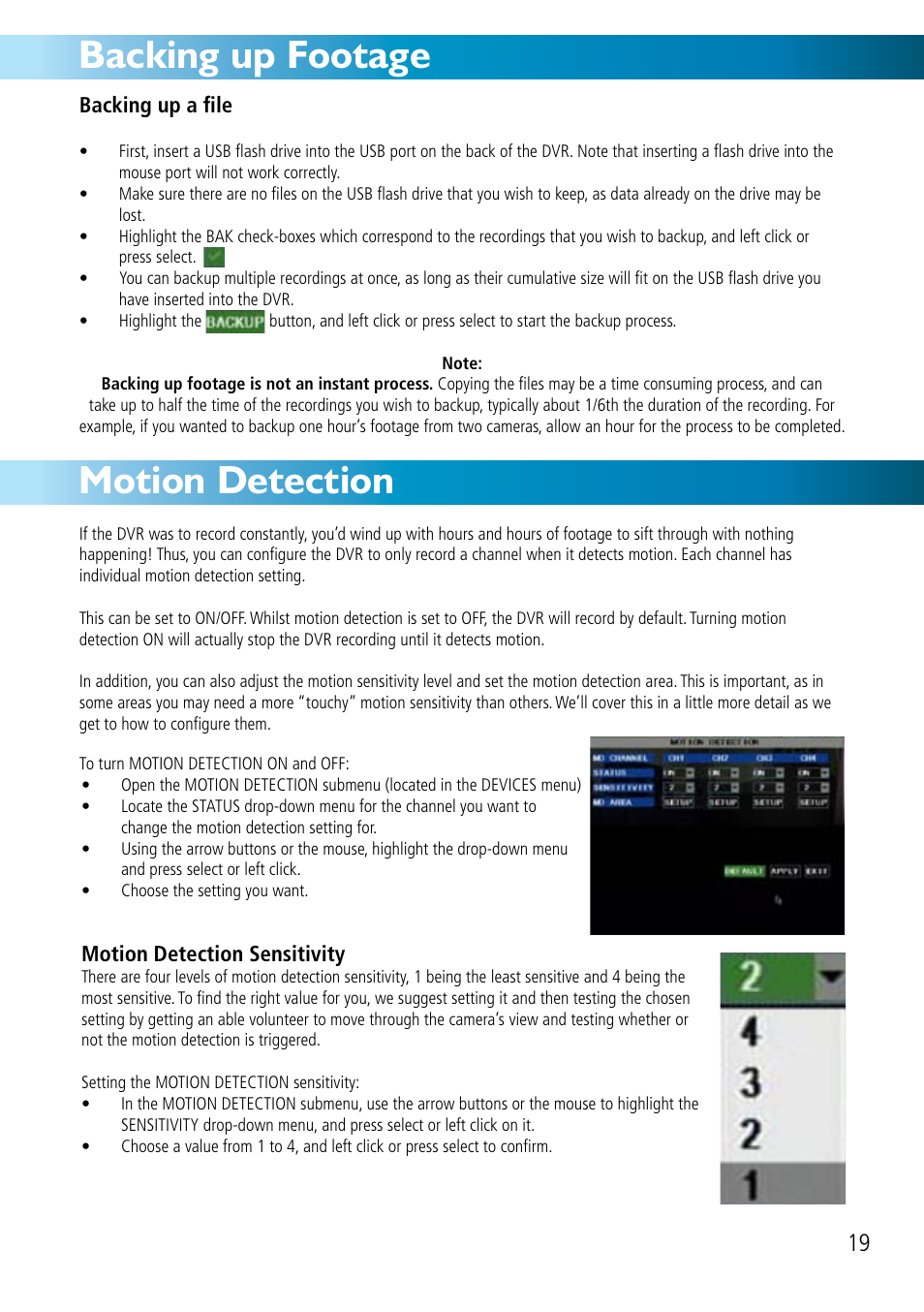 Backing up footage motion detection | Swann DVR8-2500 User Manual | Page 19 / 44