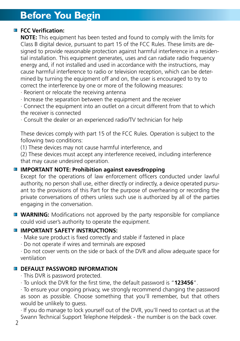 Before you begin | Swann DVR8-2500 User Manual | Page 2 / 44