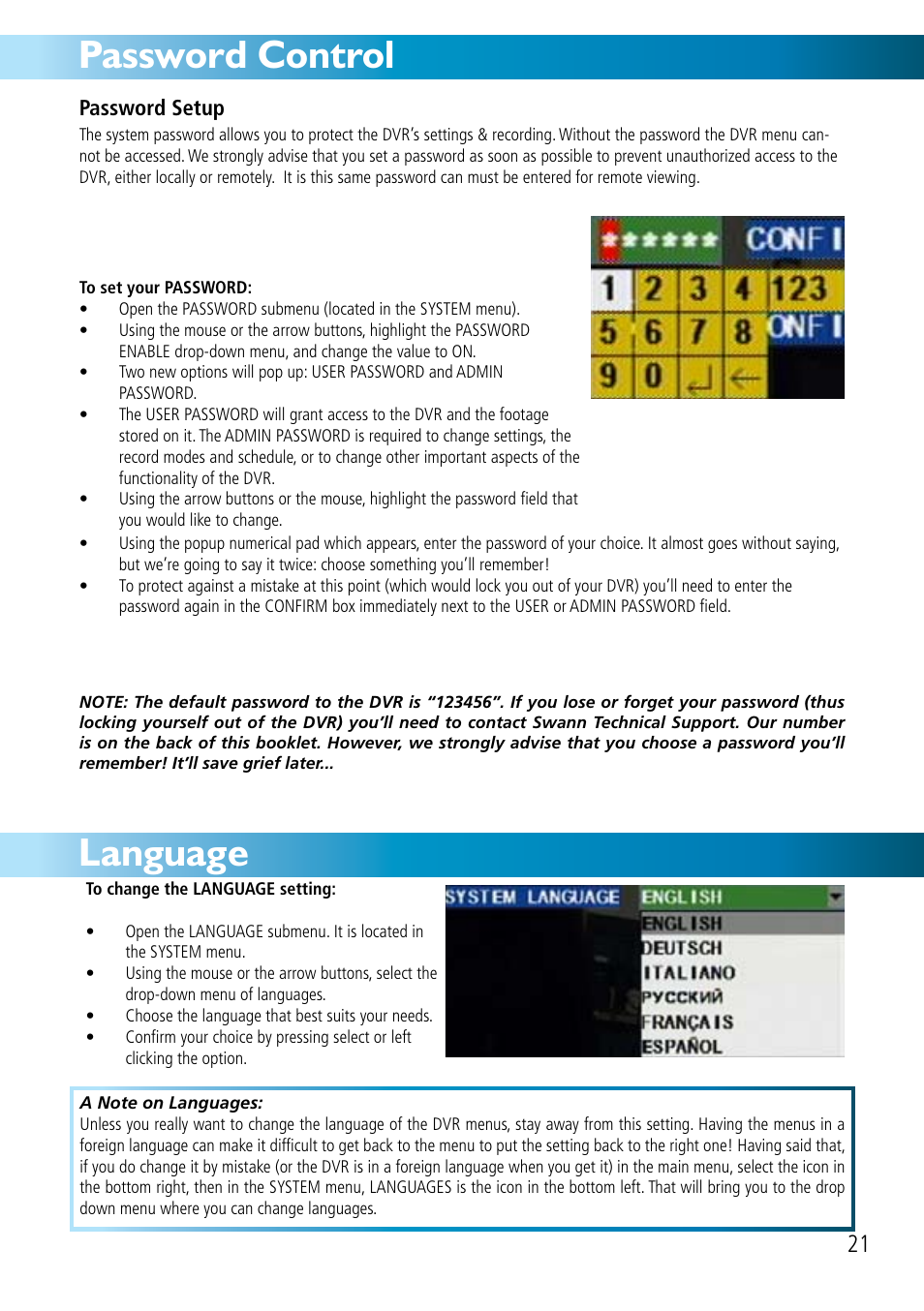 Password control language | Swann DVR8-2500 User Manual | Page 21 / 44