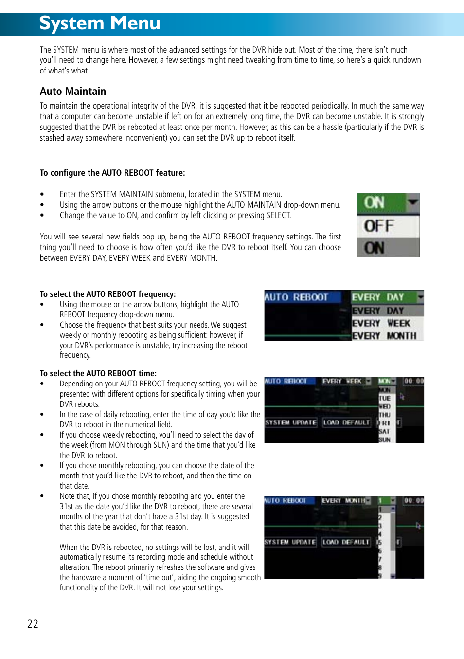 System menu, Auto maintain | Swann DVR8-2500 User Manual | Page 22 / 44