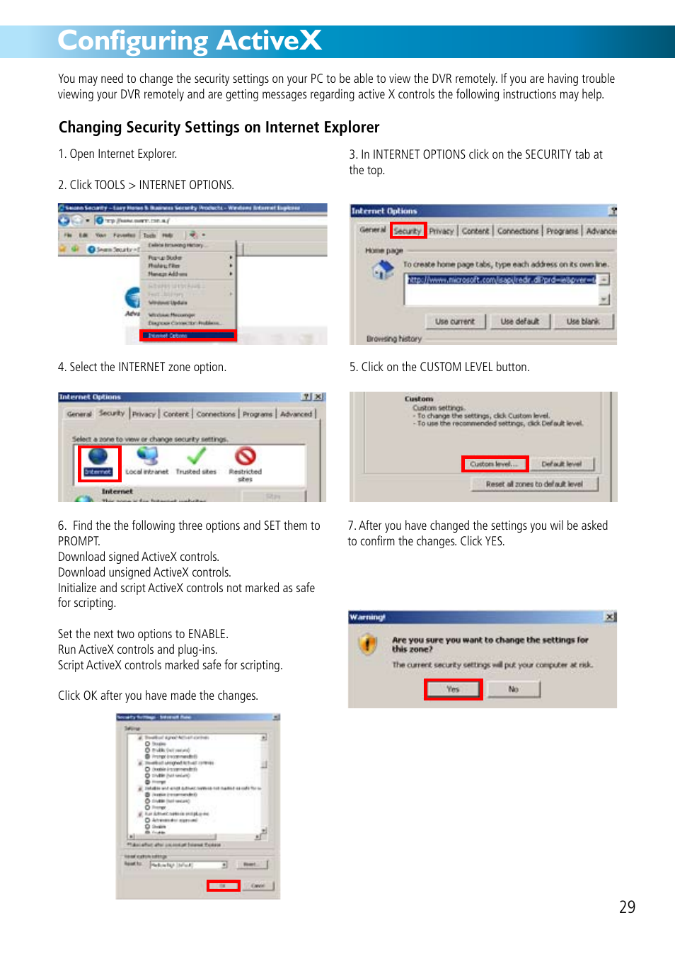 Configuring activex | Swann DVR8-2500 User Manual | Page 29 / 44