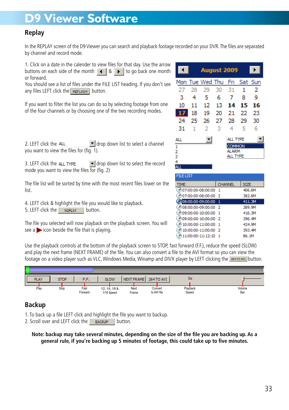 D9 viewer software, Replay backup | Swann DVR8-2500 User Manual | Page 33 / 44