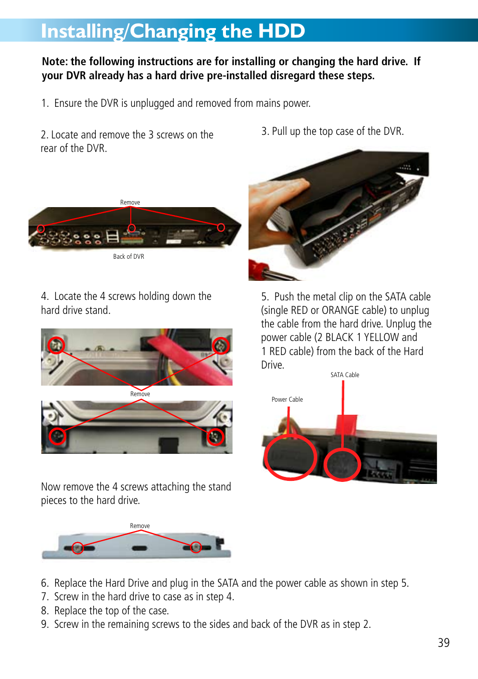 Installing/changing the hdd | Swann DVR8-2500 User Manual | Page 39 / 44