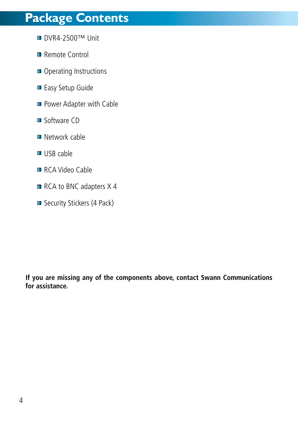Package contents | Swann DVR8-2500 User Manual | Page 4 / 44