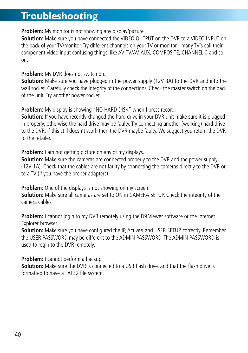 Troubleshooting | Swann DVR8-2500 User Manual | Page 40 / 44