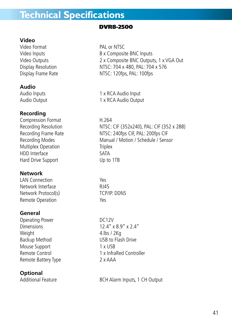 Technical specifications | Swann DVR8-2500 User Manual | Page 41 / 44