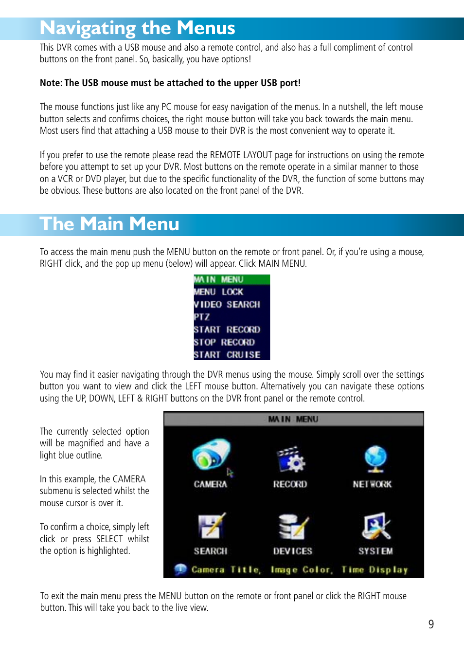 The main menu, Navigating the menus | Swann DVR8-2500 User Manual | Page 9 / 44