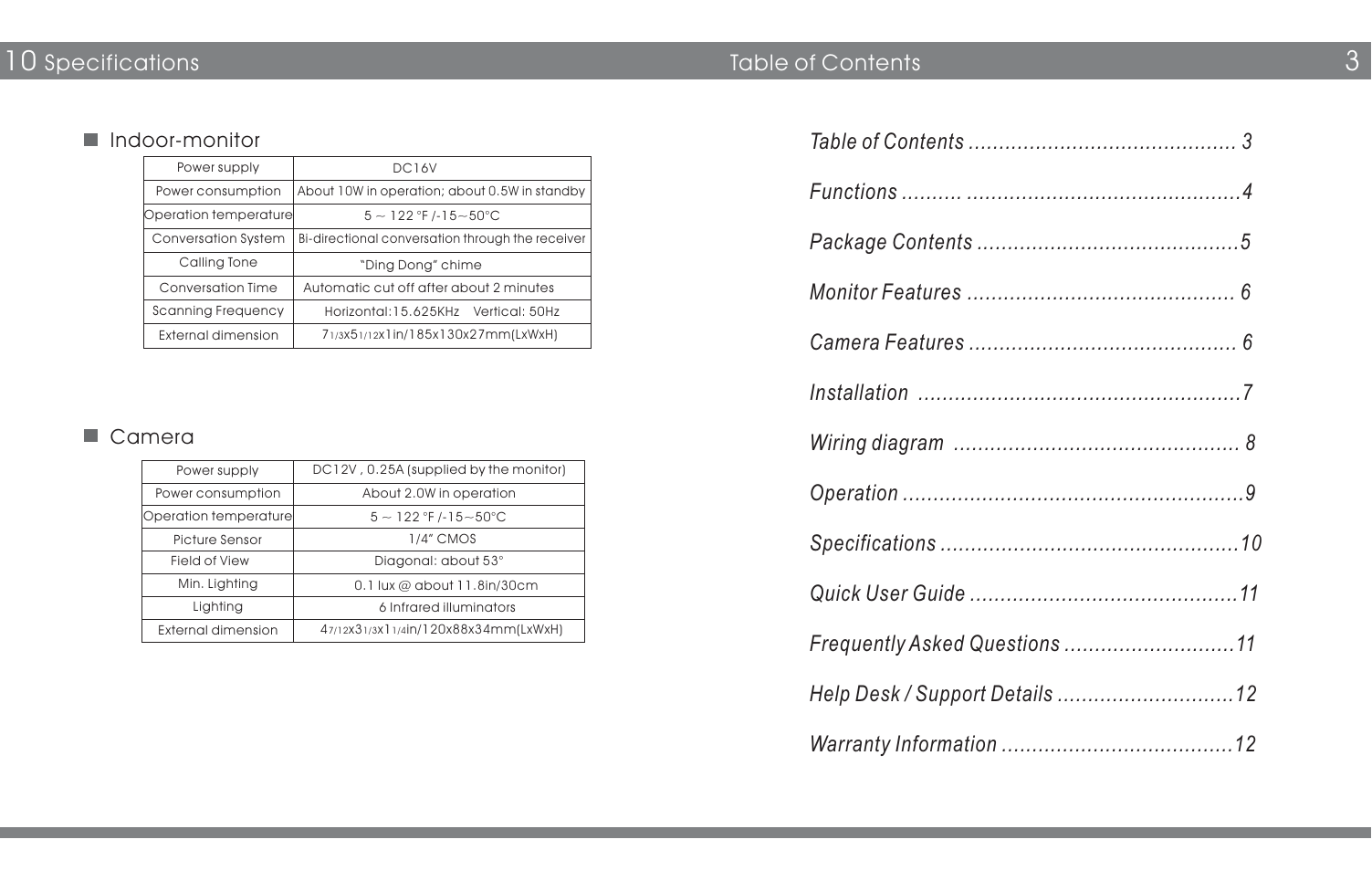 Specifications, Indoor-monitor camera | Swann Color Video Doorphone User Manual | Page 3 / 6