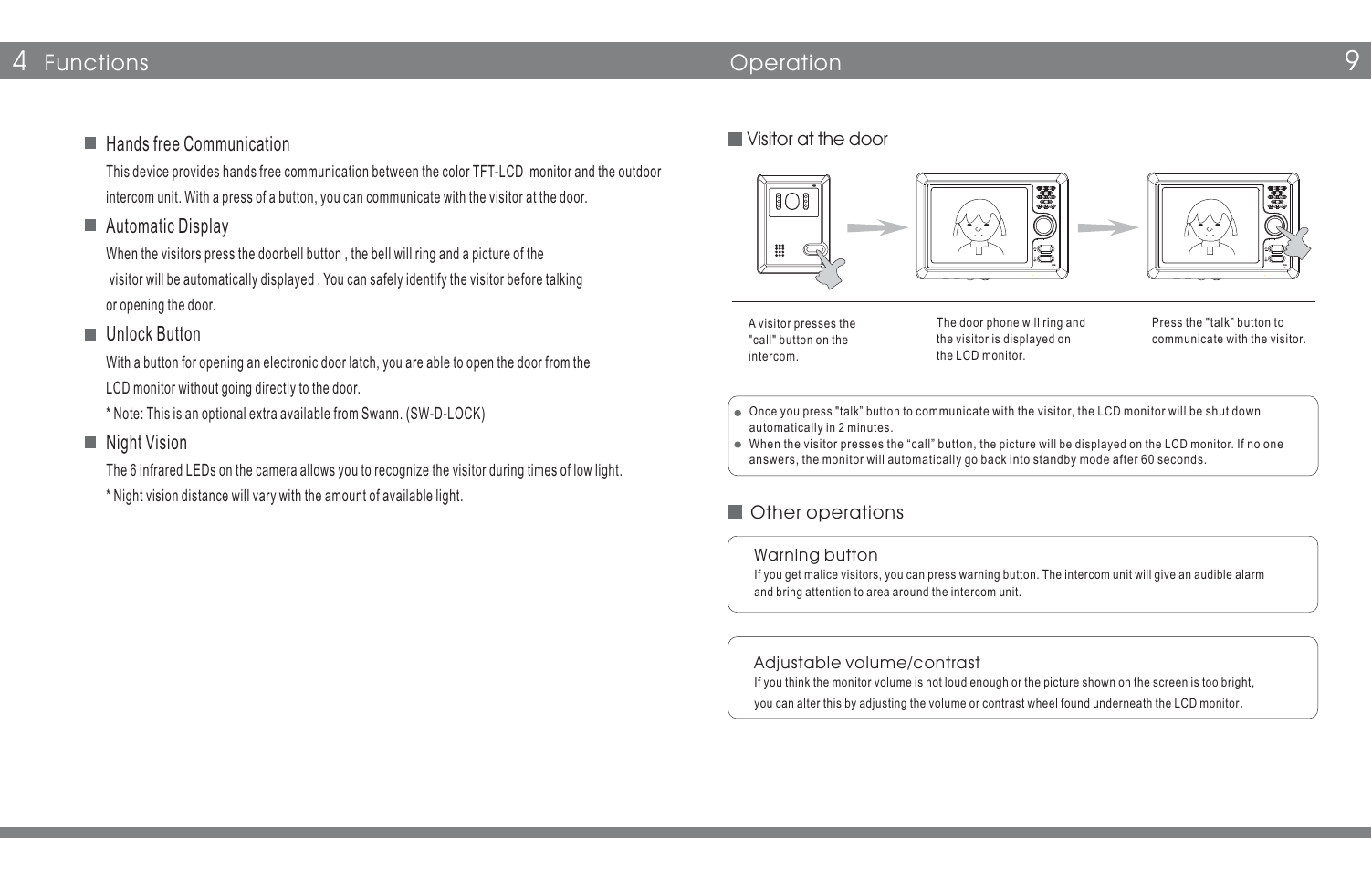 Operation, Functions | Swann Color Video Doorphone User Manual | Page 4 / 6