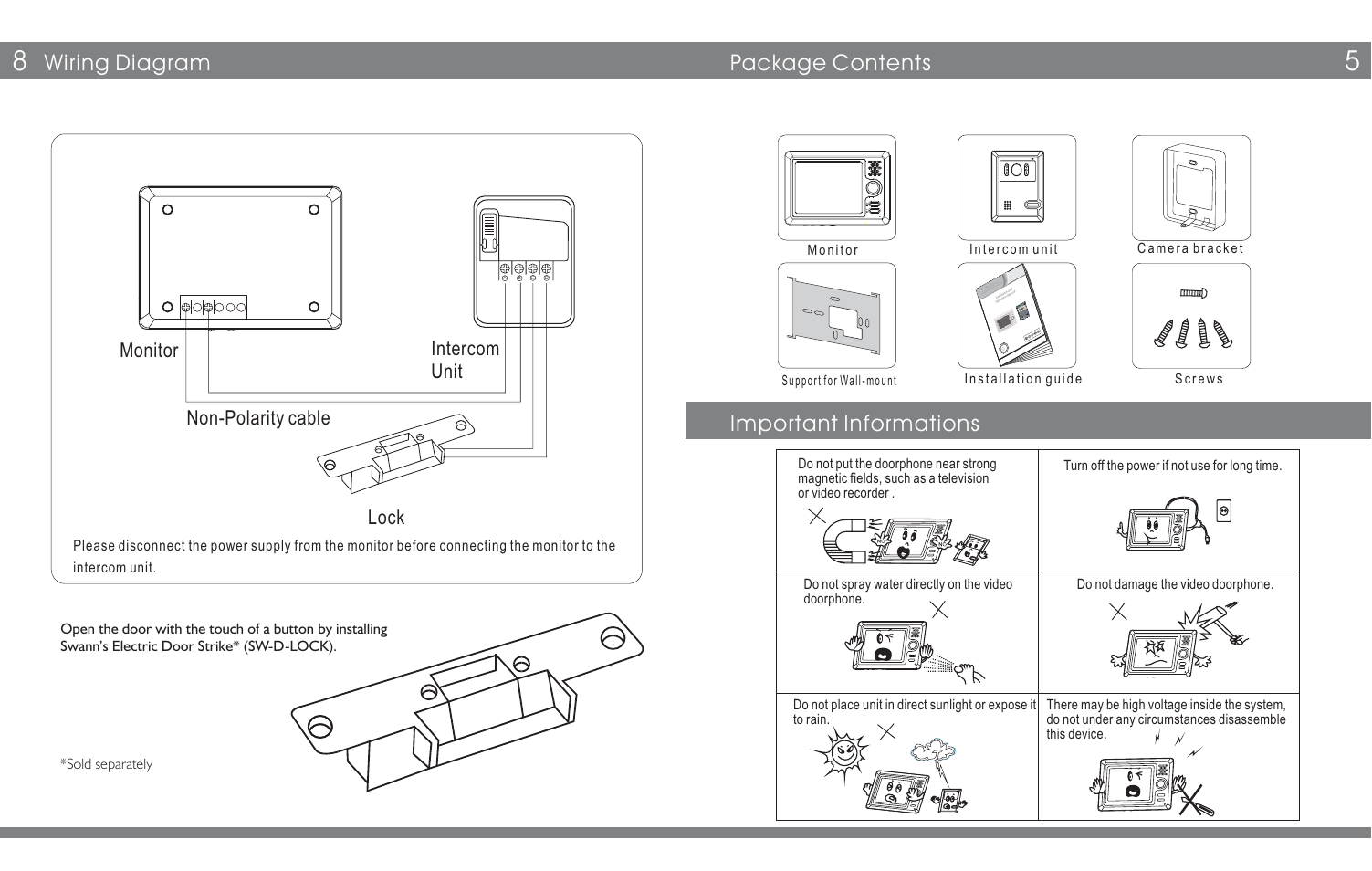 Package contents, Wiring diagram, Important informations | Intercom unit monitor lock, Non-polarity cable, 2 w ire handfree nonpol arity col or tft- lcd | Swann Color Video Doorphone User Manual | Page 5 / 6