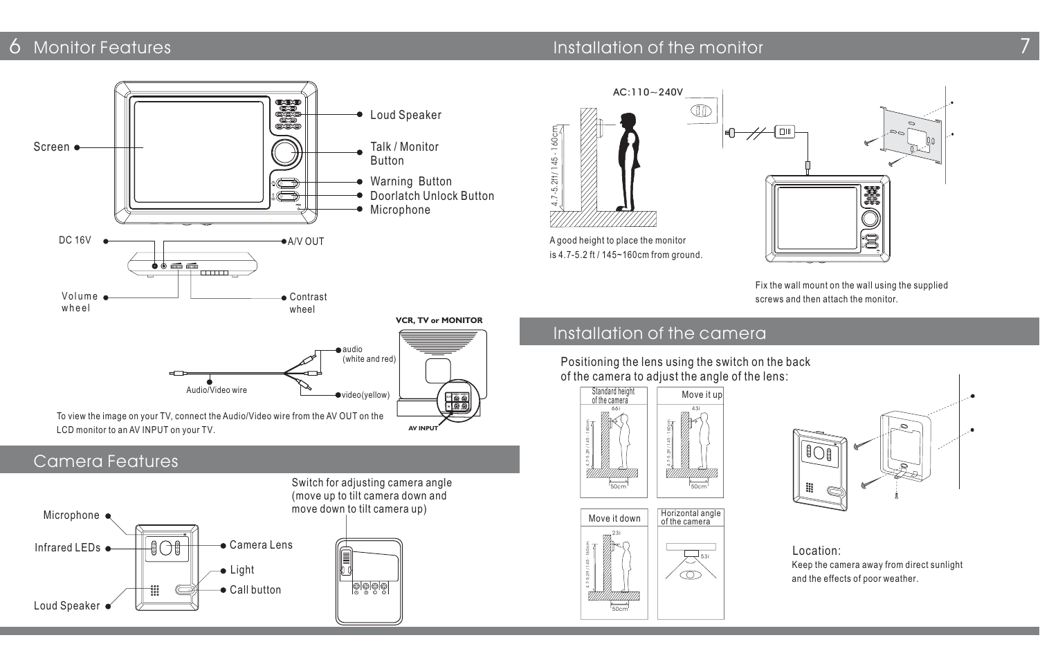 Installation of the monitor, Monitor features, Installation of the camera camera features | Mic ophone r, Location | Swann Color Video Doorphone User Manual | Page 6 / 6