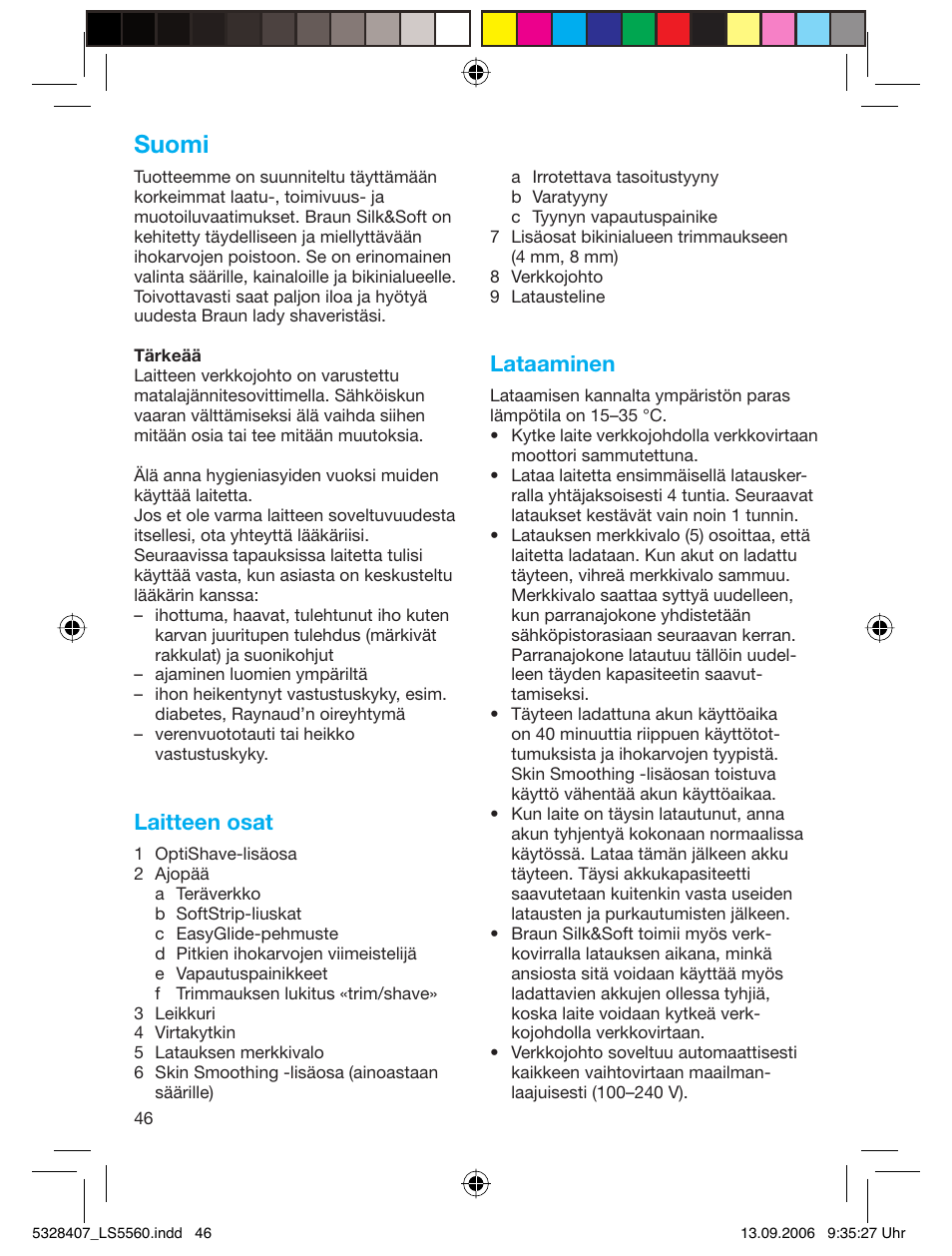 Suomi, Laitteen osat, Lataaminen | Braun LS 5560 User Manual | Page 45 / 88