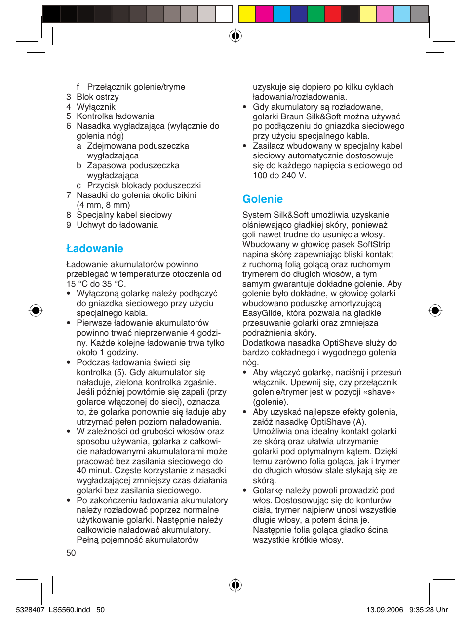 Ładowanie, Golenie | Braun LS 5560 User Manual | Page 49 / 88