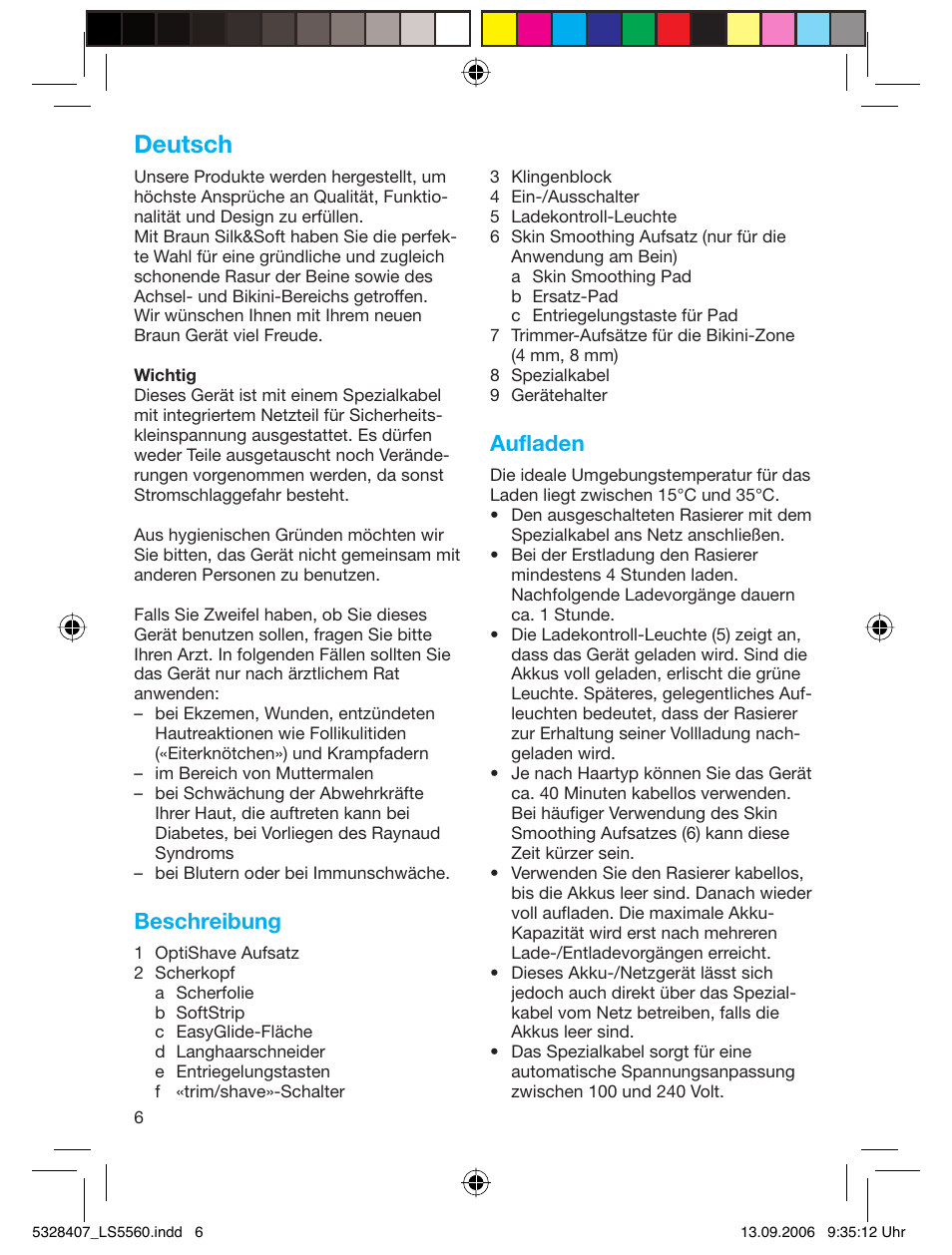 Deutsch, Beschreibung, Aufladen | Braun LS 5560 User Manual | Page 5 / 88