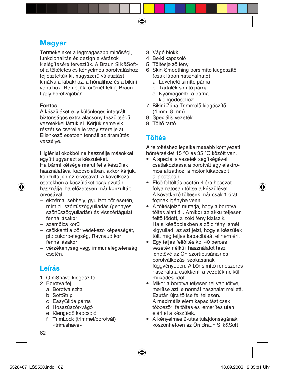 Magyar, Leírás, Töltés | Braun LS 5560 User Manual | Page 61 / 88