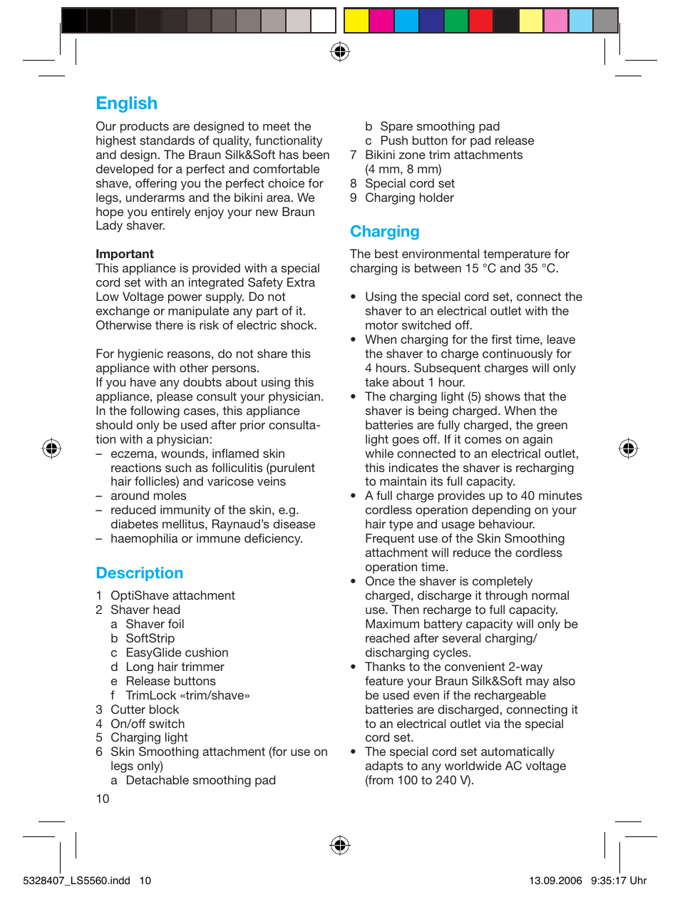 English, Description, Charging | Braun LS 5560 User Manual | Page 9 / 88