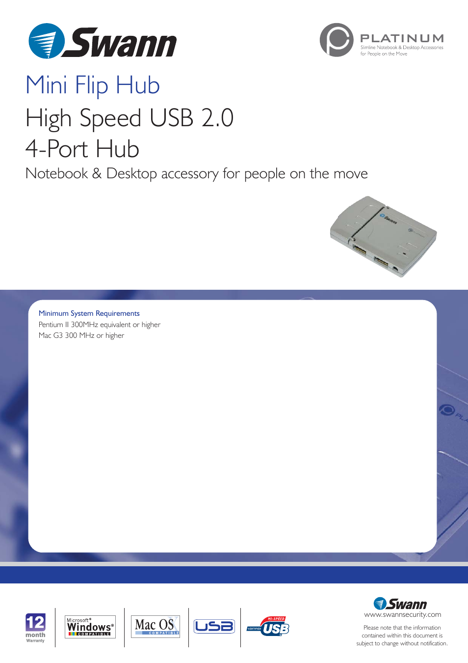 Mini flip hub high speed usb 2.0 4-port hub | Swann Mini Flip Hub User Manual | Page 2 / 2