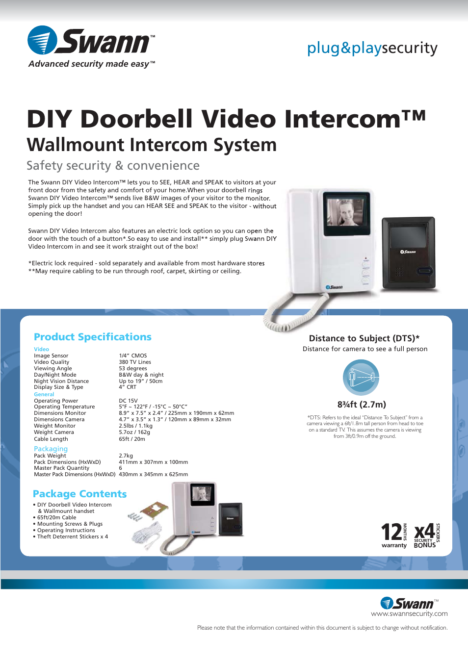 Diy doorbell video intercom, Wallmount intercom system, Plug&play security | Safety security & convenience, Package contents, Product speciﬁ cations, 8¾ft (2.7m) distance to subject (dts) | Swann SW244-DWM User Manual | Page 2 / 2
