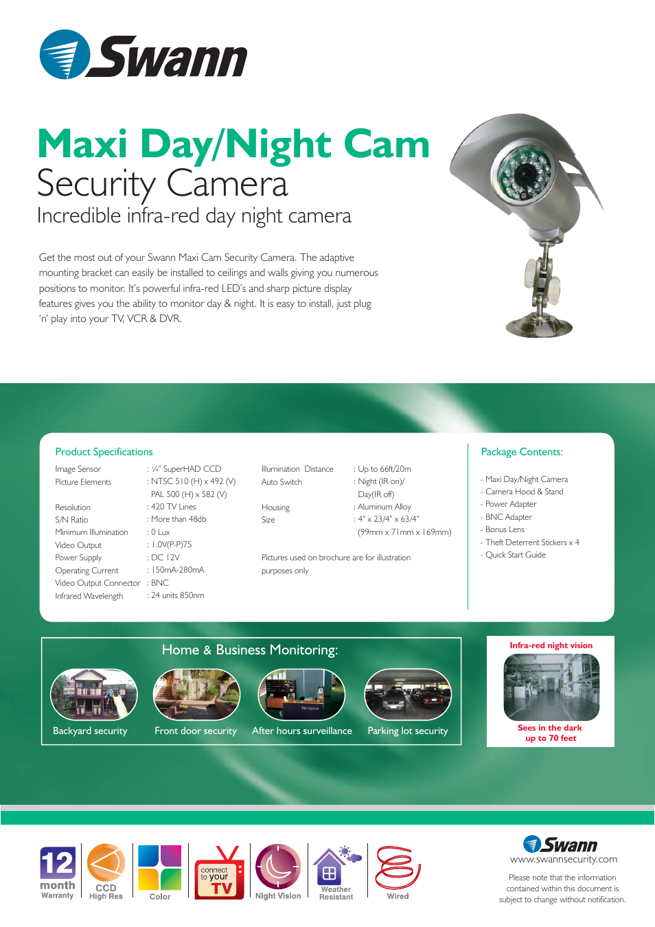 Maxi day/night cam, Security camera, Incredible infra-red day night camera | Swann Maxi Day/Night Cam S243-4NU User Manual | Page 2 / 2