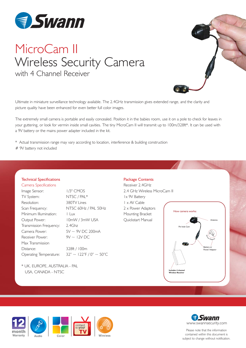 Microcam ii wireless security camera, With 4 channel receiver | Swann MICROCAM II SW-P-MC2A User Manual | Page 2 / 2