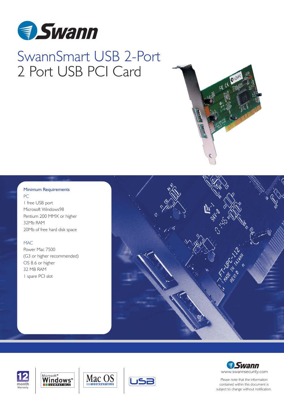 Swannsmart usb 2-port 2 port usb pci card | Swann SW-U-2PPSS User Manual | Page 2 / 2