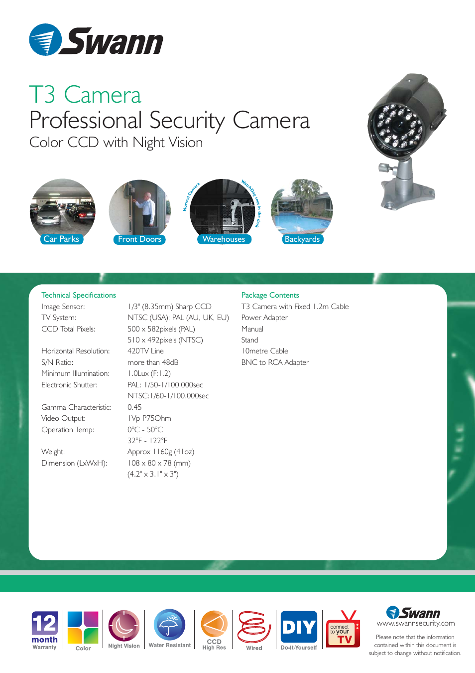 T3 camera professional security camera, Color ccd with night vision | Swann T3 User Manual | Page 2 / 2