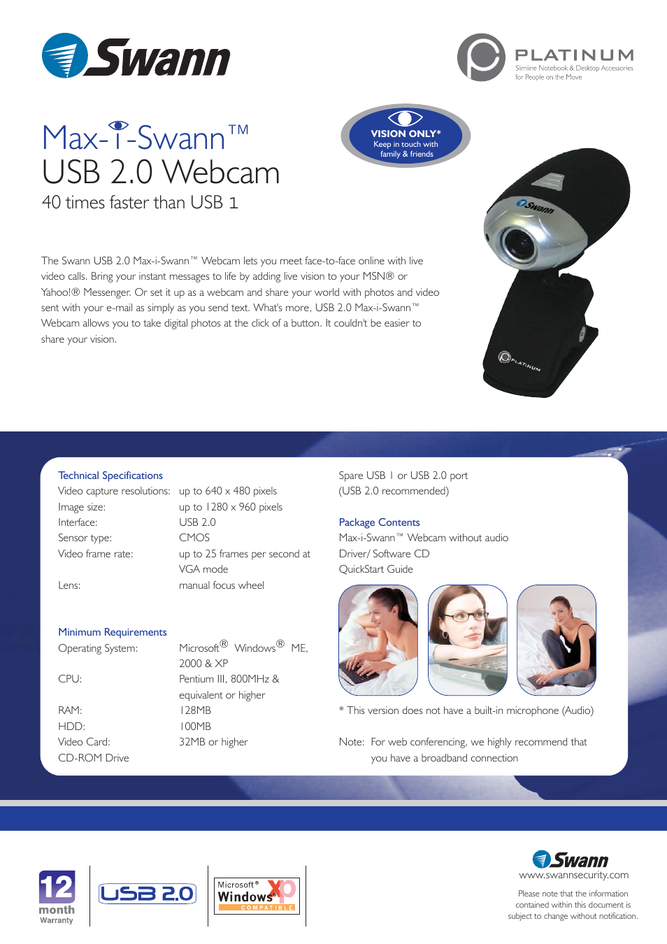 Max- i -swann usb 2.0 webcam, 40 times faster than usb 1 | Swann MAX-I-SWANN SW-U-WC20NA User Manual | Page 2 / 2
