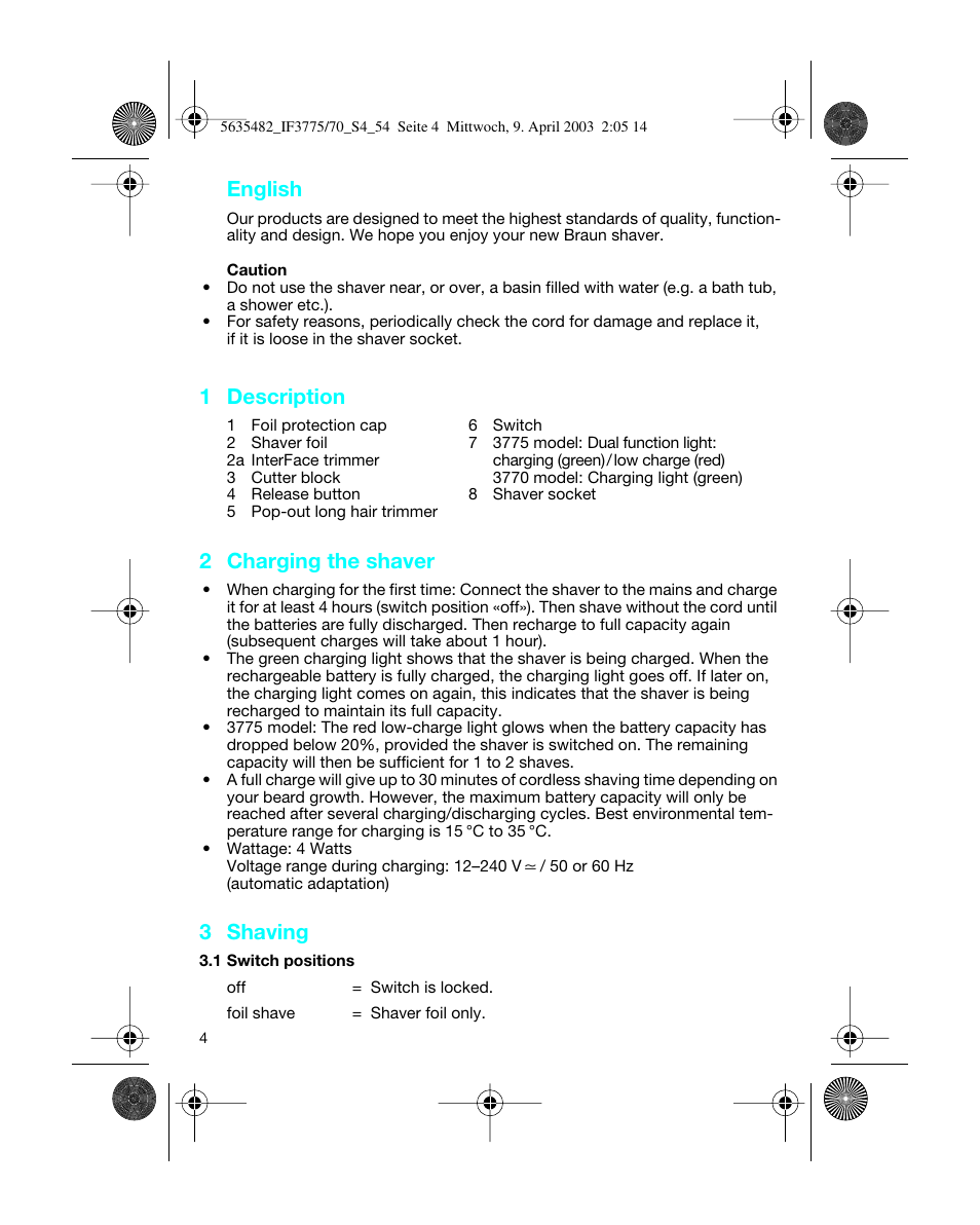 English, 1 description, 2 charging the shaver | 3 shaving | Braun 7526 User Manual | Page 4 / 54