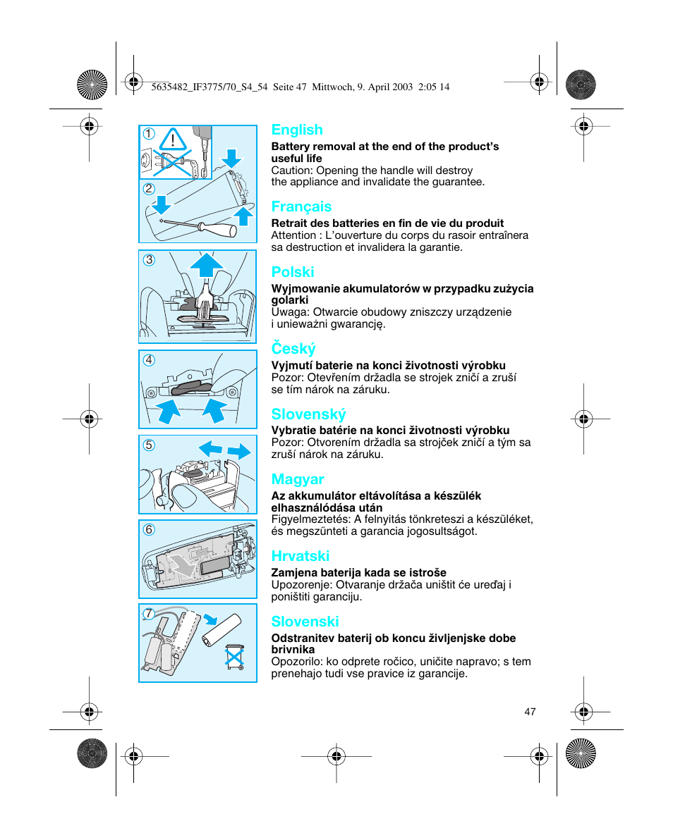English, Français, Polski | Âesk, Slovensk, Magyar, Hrvatski, Slovenski | Braun 7526 User Manual | Page 47 / 54