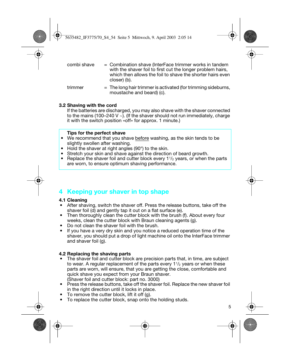4 keeping your shaver in top shape | Braun 7526 User Manual | Page 5 / 54
