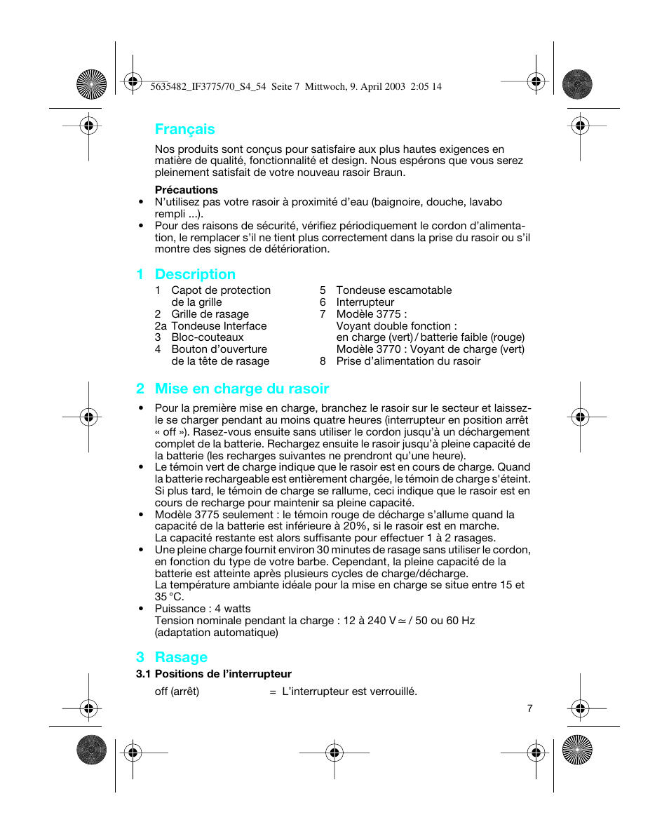 Français, 1 description, 2 mise en charge du rasoir | 3 rasage | Braun 7526 User Manual | Page 7 / 54