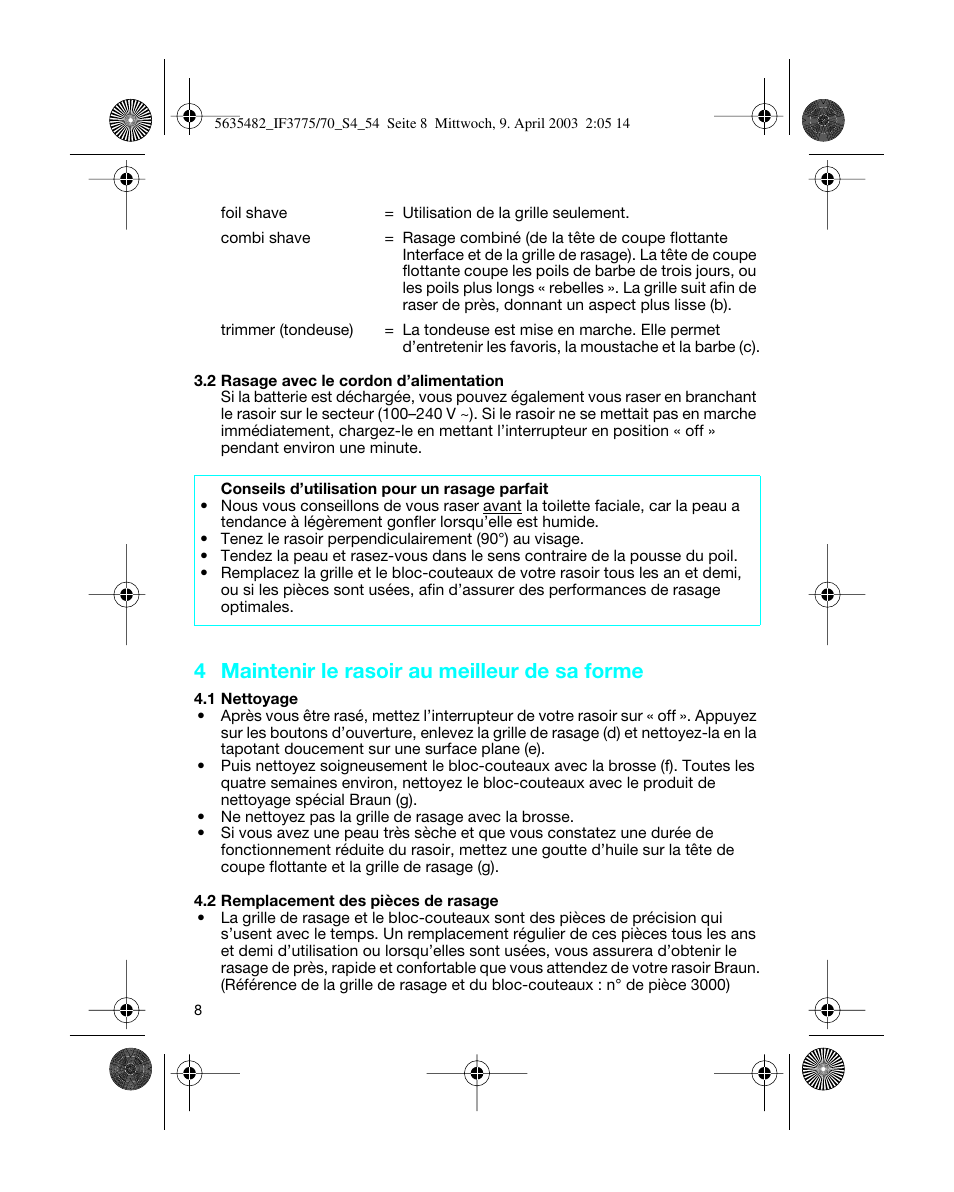 4 maintenir le rasoir au meilleur de sa forme | Braun 7526 User Manual | Page 8 / 54